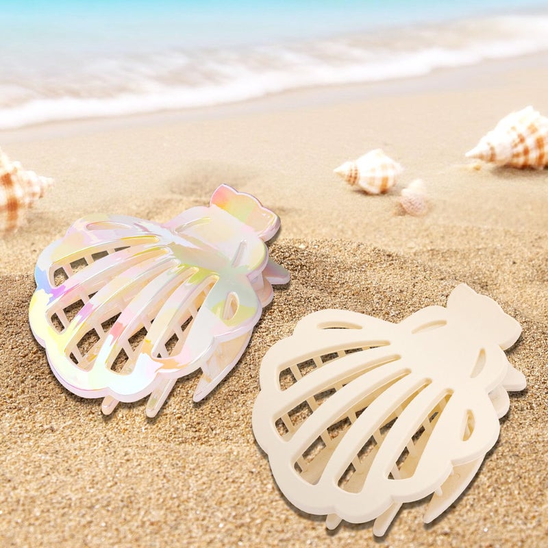 Didder Matte White Seashell Flat Hair Claw Clips for Women, Summer Mermaid Ocean Themed Beach Pool Party Flat Shell Hair Clip Claws Accessories - Image 3
